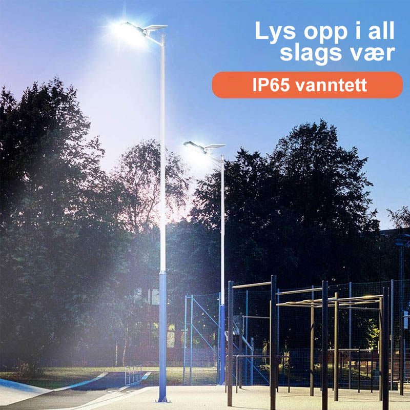 "Kraftig 200W solcelle LED utendørslampe med bevegelsessensor, værbestandig, ideell for hager, oppkjørsler."