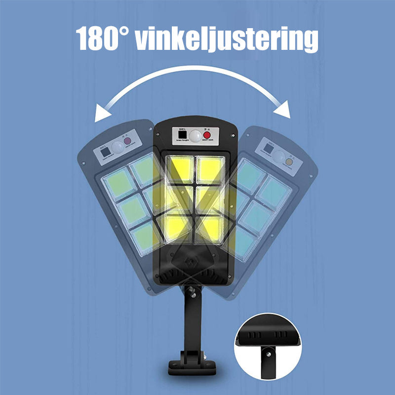 "Kraftig 200W solcelle LED utendørslampe med bevegelsessensor, værbestandig, ideell for hager, oppkjørsler."