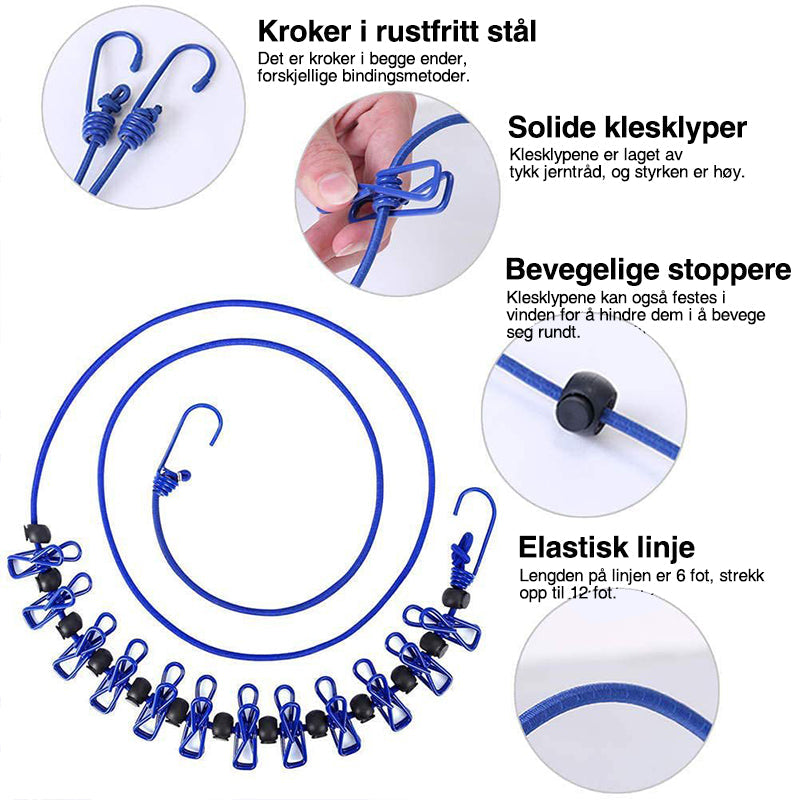 "Kraftig elastisk klessnor med kroker og anti-skli klesklyper for enkel tørking av klær, perfekt for reiser og hjemmebruk."