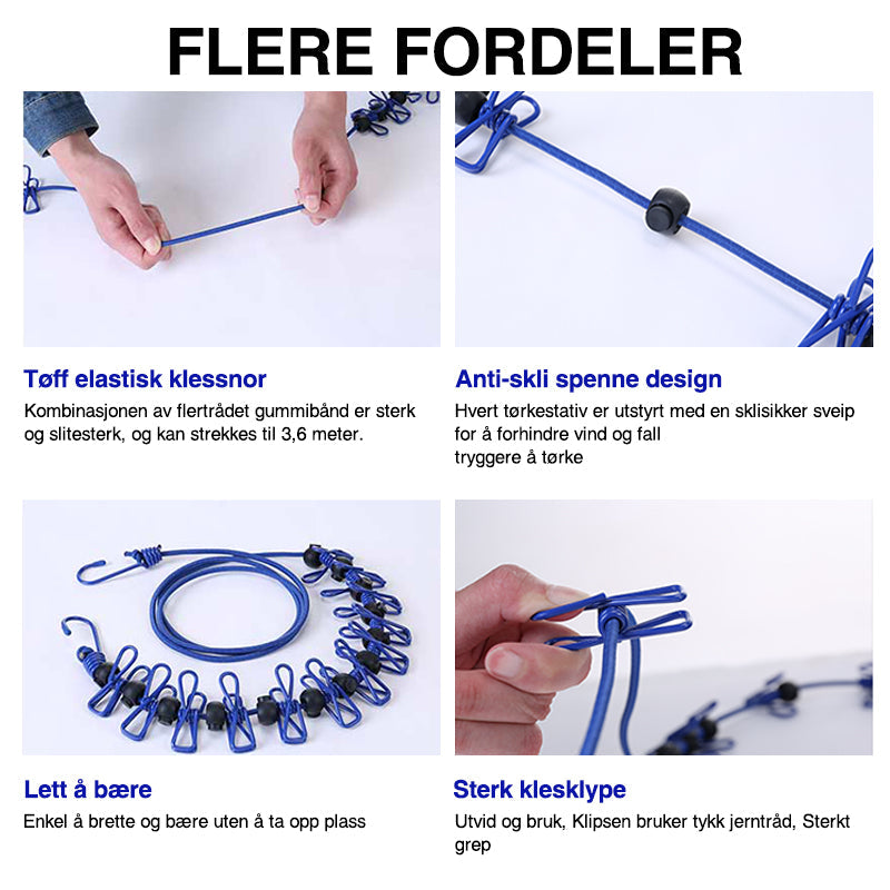 "Kraftig elastisk klessnor med kroker og anti-skli klesklyper for enkel tørking av klær, perfekt for reiser og hjemmebruk."