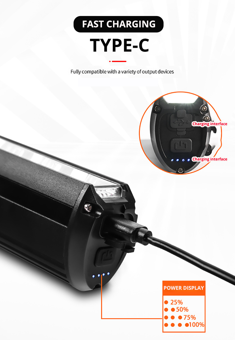 Lyssterk sykkellykt foran, med bred stråle og powerbank, sikrer god sikt under nattsykling og pendling.