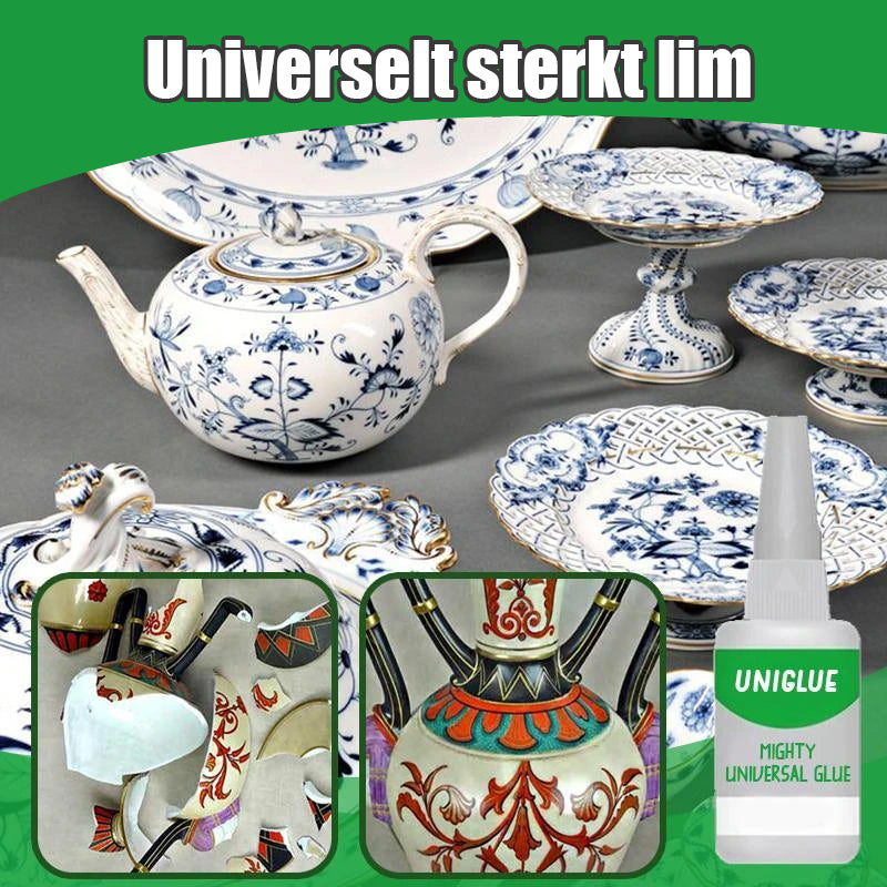 "Kraftig Mighty Universal Lim på flaske med spiss dyse, ideell for presisjonsliming av diverse materialer."