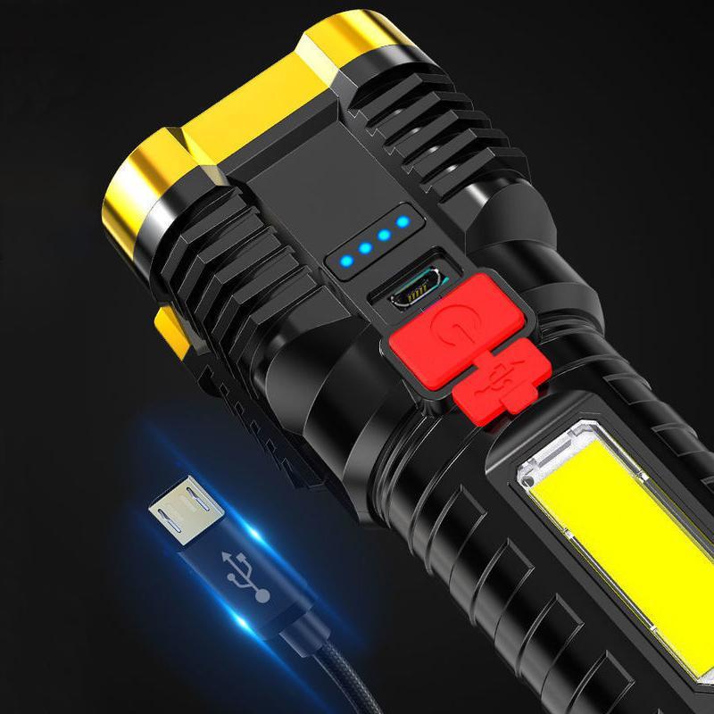 "Kraftig oppladbar lommelykt, vanntett IP65, utendørsbruk, svart design, 100 000 lumen, for camping og eventyr."