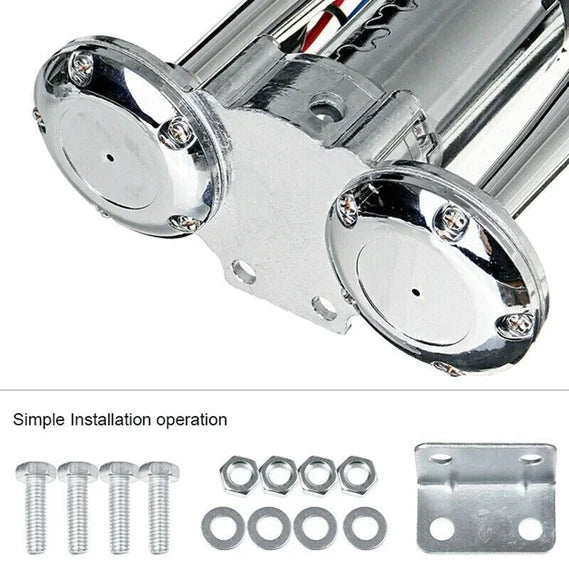 Sikkerhet i fokus: sølvfarget toghorn for kjøretøy, kraftig varselhorn som øker synligheten.
