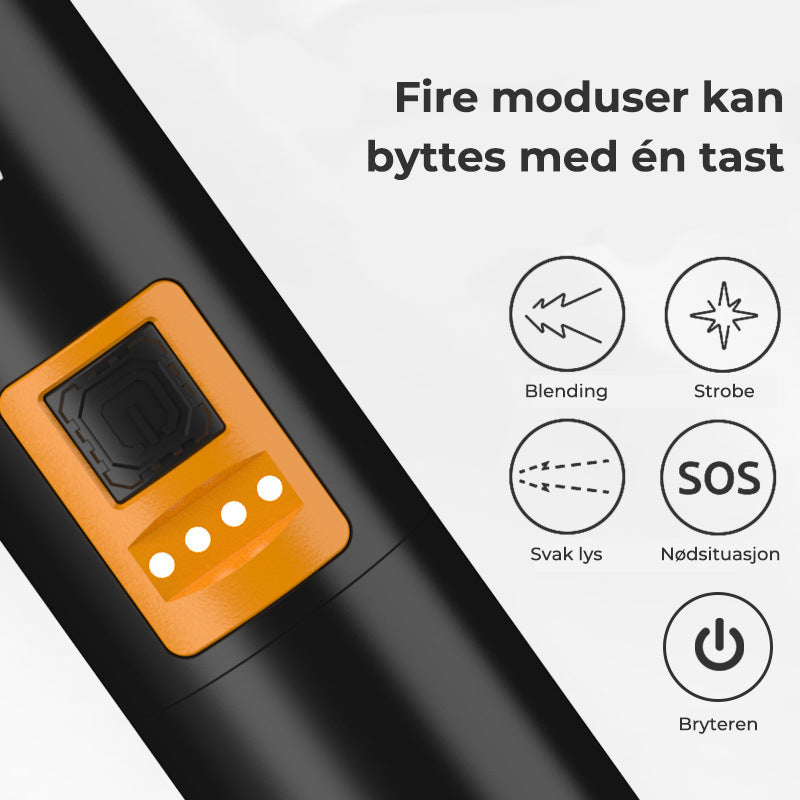 "Kraftig vanntett lommelykt med XHP50 LED i robust aluminium, ideell for utendørsbruk og nødsituasjoner."