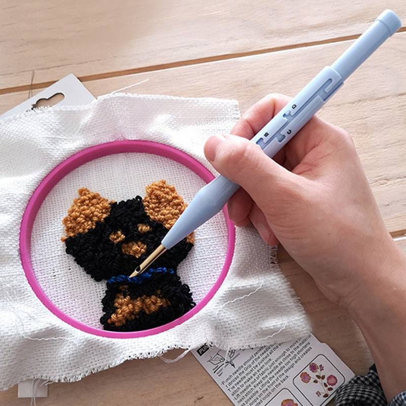Illustrasjon av punch nål teknikk, viser steg for steg for enkel broderi og håndarbeid.