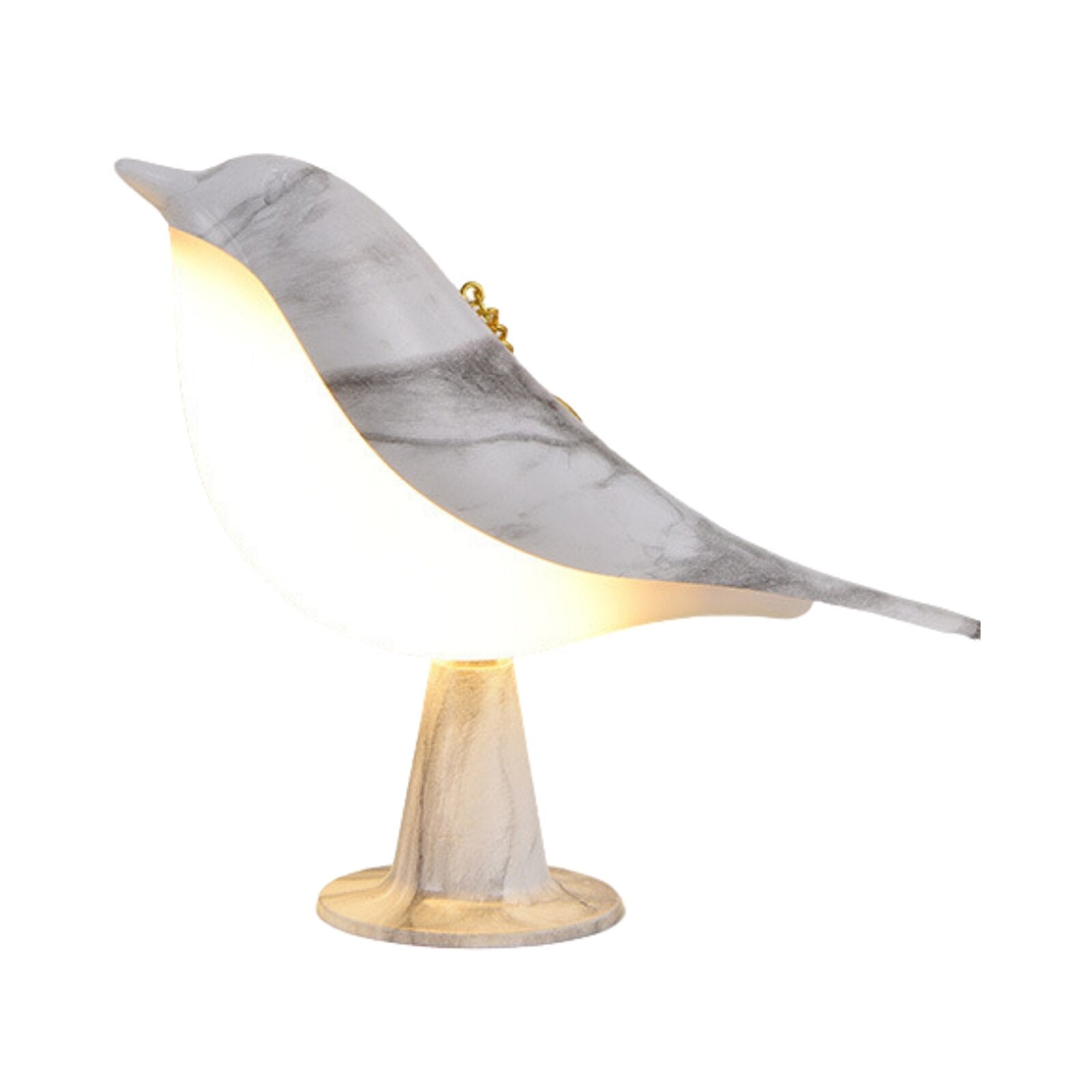 "Kremhvit fuglelampe med elegant design og LED-lys, ideell for moderne interiør, står på solid base."