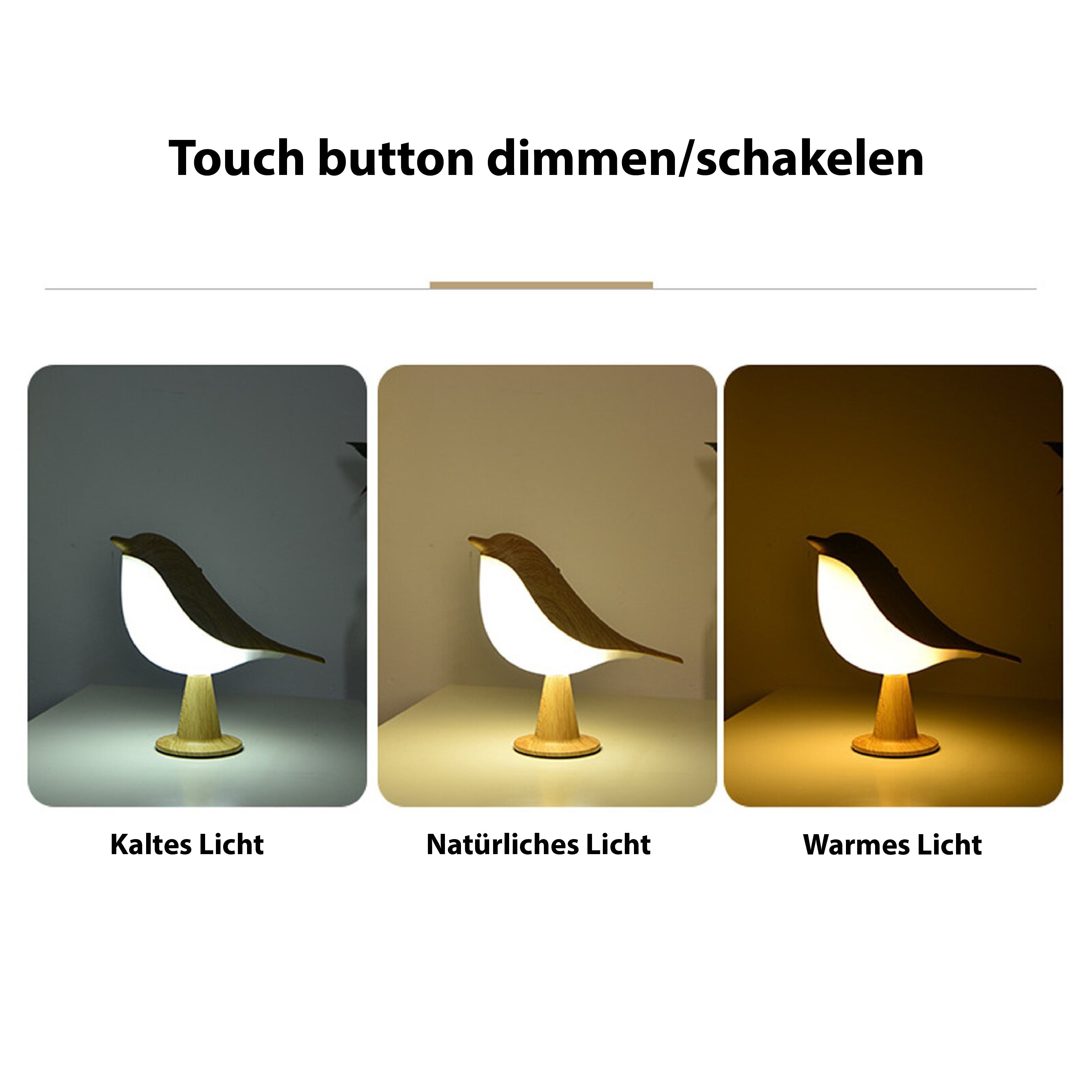 "Kremhvit fuglelampe med elegant design og LED-lys, ideell for moderne interiør, står på solid base."