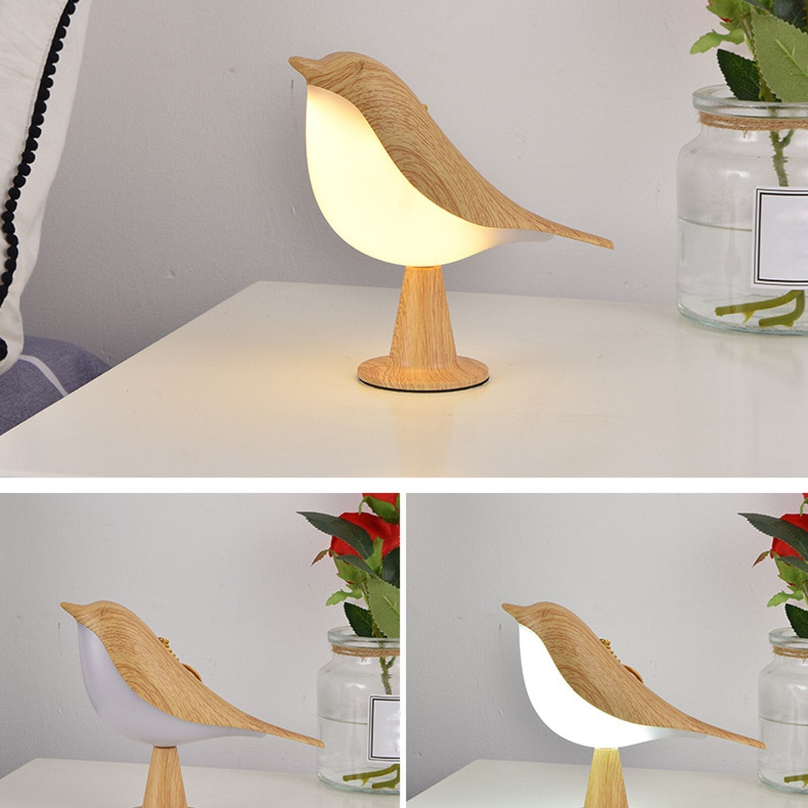 "Kremhvit fuglelampe med elegant design og LED-lys, ideell for moderne interiør, står på solid base."