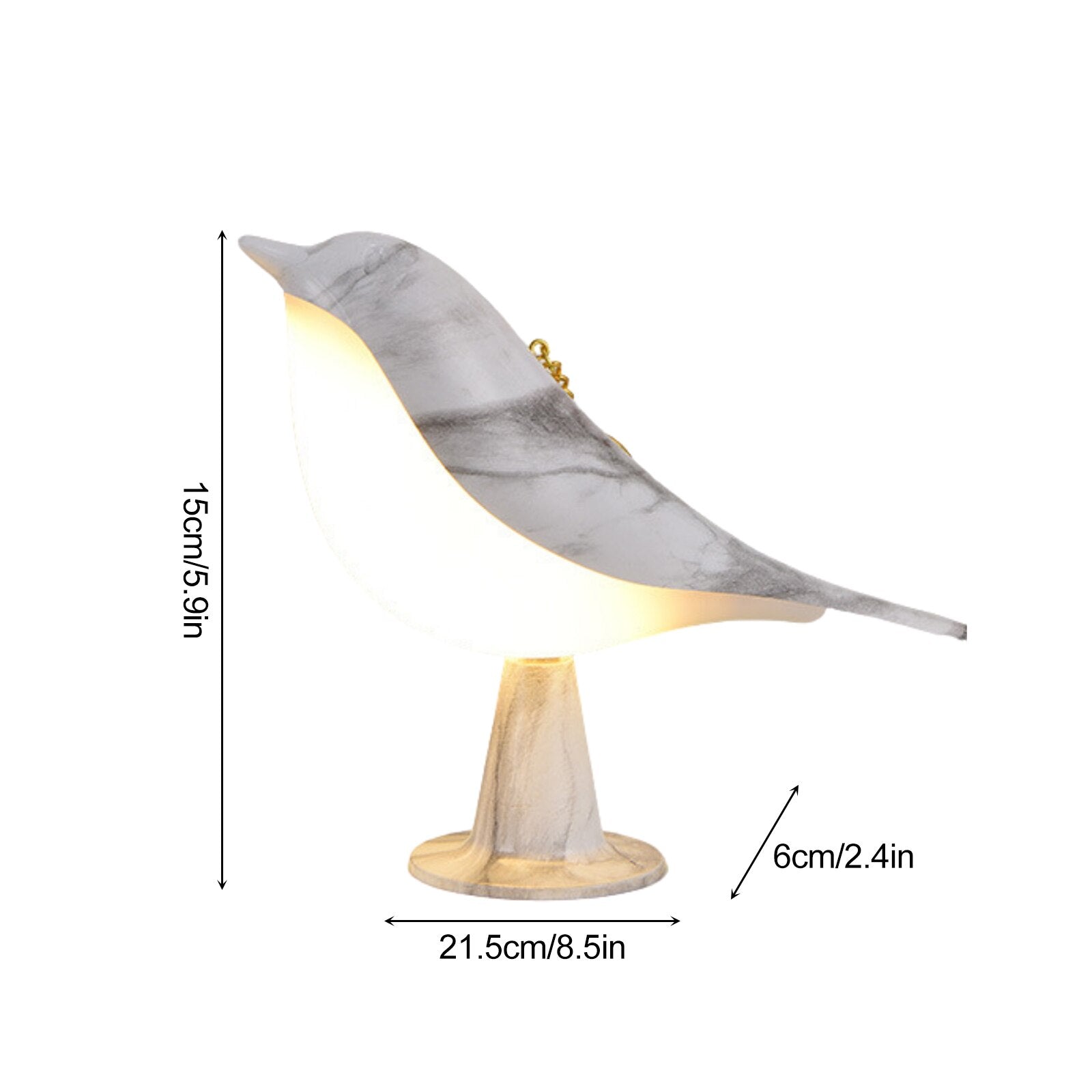 "Kremhvit fuglelampe med elegant design og LED-lys, ideell for moderne interiør, står på solid base."