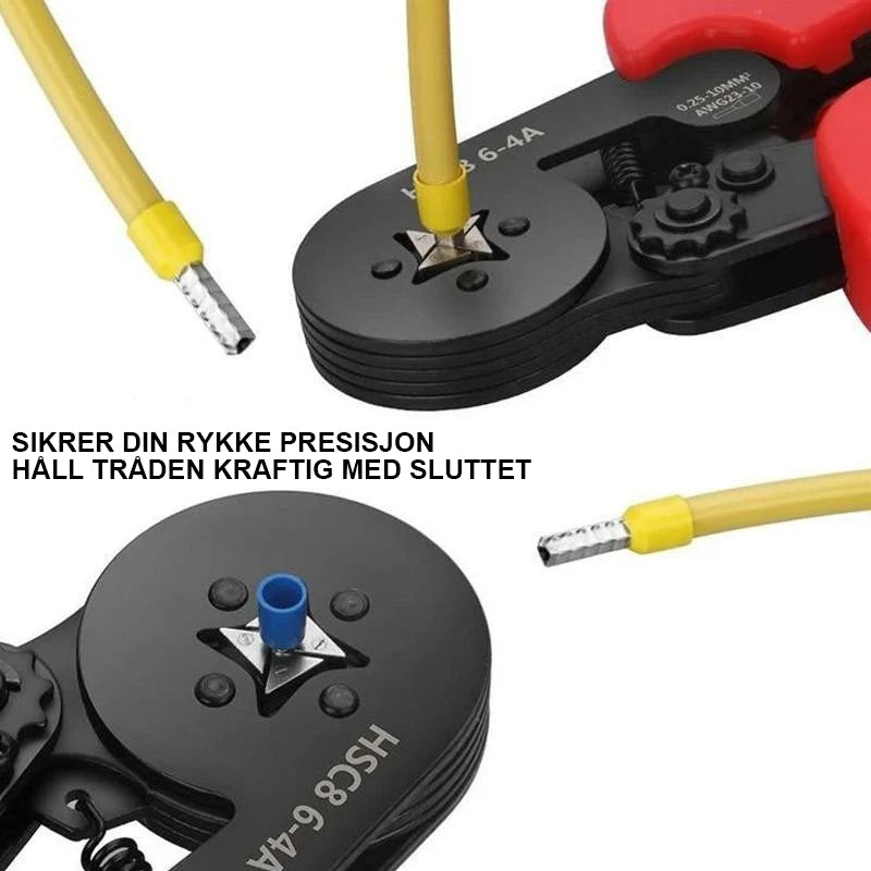 "Krympetang verktøysett med skrall-design og ergonomiske ABS-håndtak for presis, lett krymping."