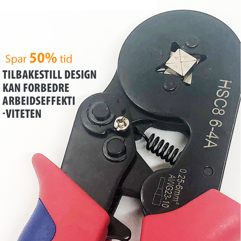 Krympeverktøysett med ergonomisk håndtak, robust materiale, presis kjevesystem, ideelt for vaier og ledninger.