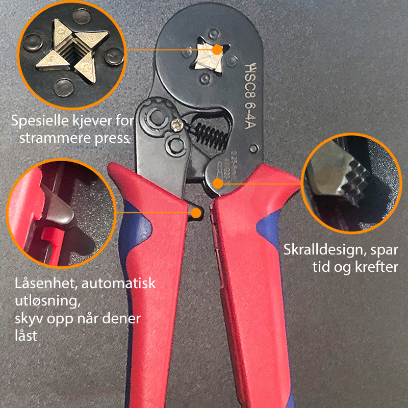Krympeverktøysett med ergonomisk håndtak, robust materiale, presis kjevesystem, ideelt for vaier og ledninger.