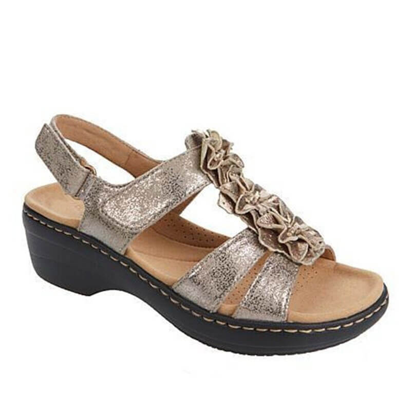 Komfortable dame sandaler; blomstrete kiler, PU-skinn sommersko med kroklukking