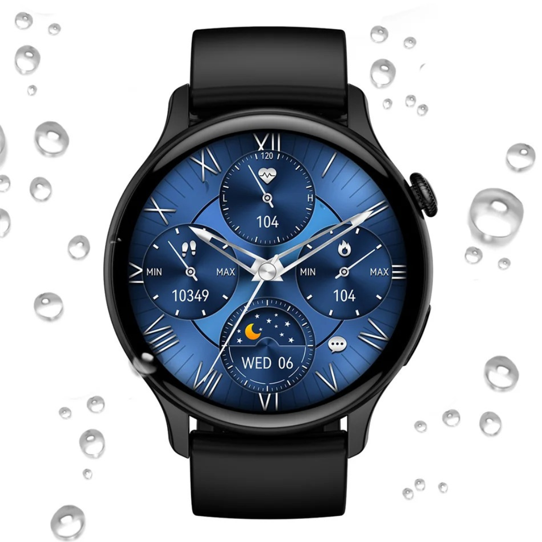 Robust svart smartklokke til dame, AMOLED, for trening og daglig bruk.