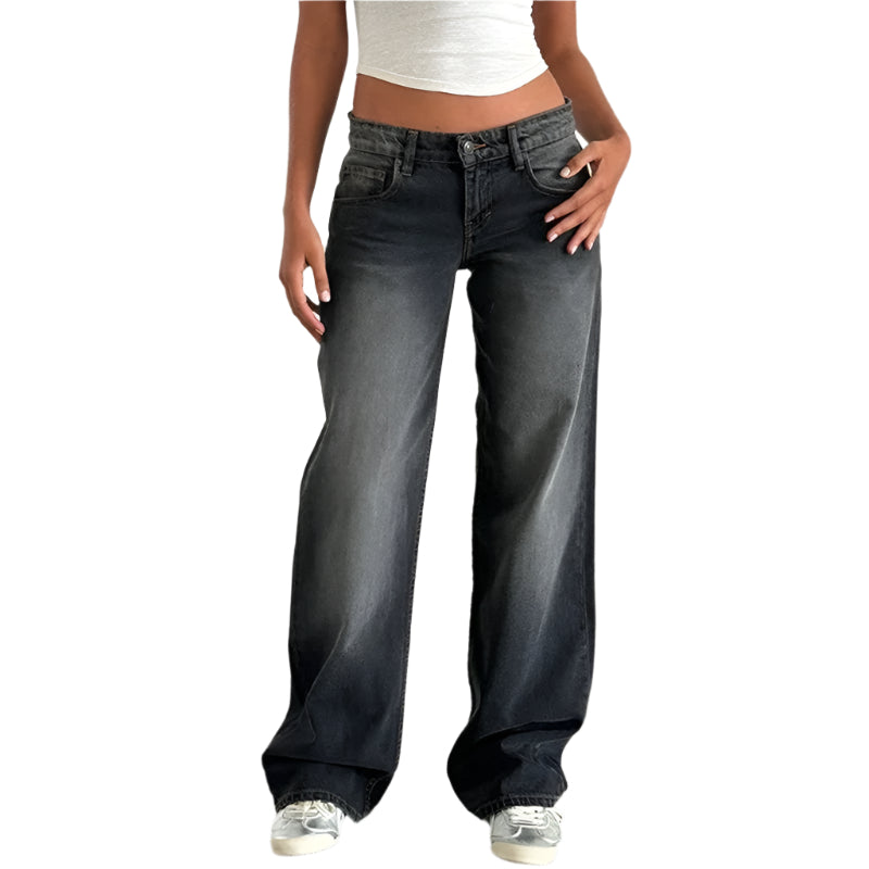 Kvinner baggy boyfriend-jeans med lav midje og vide ben i vintage denim for en avslappet stil.