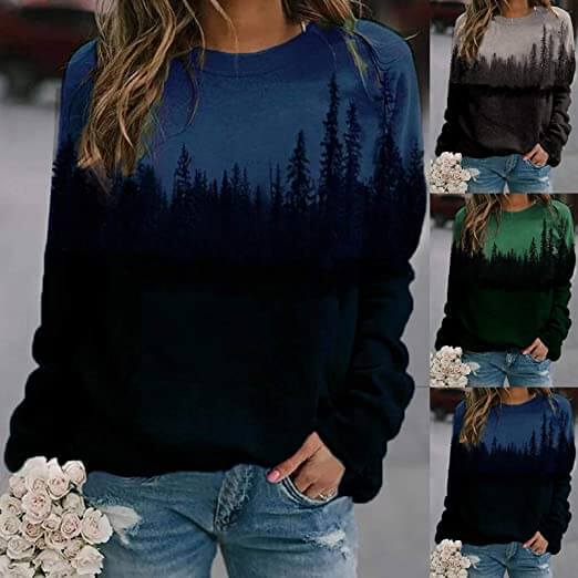 Stilfull damegenser med fjelltrykk. Trendy hverdagspullover som passer til jeans. Myk og behagelig komfort.