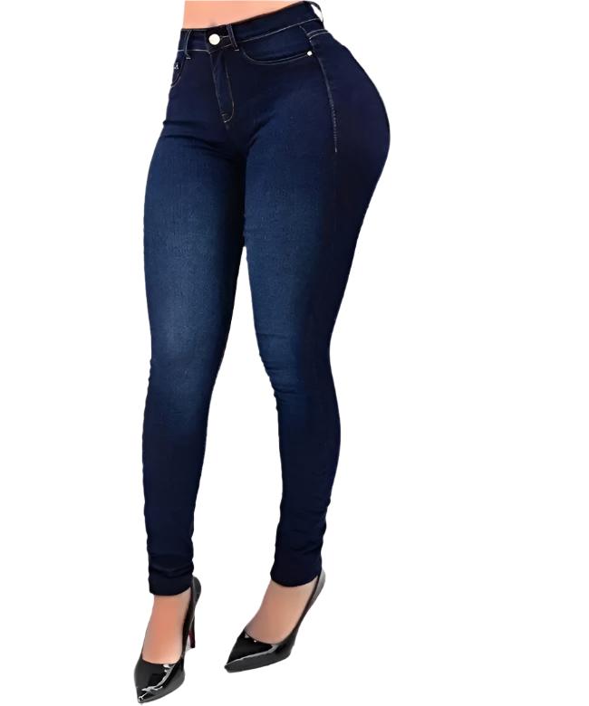 Kvinner i blå høy midje shapingjeans. Komfortable skinny jeans i denim for en flatterende hverdagsstil.