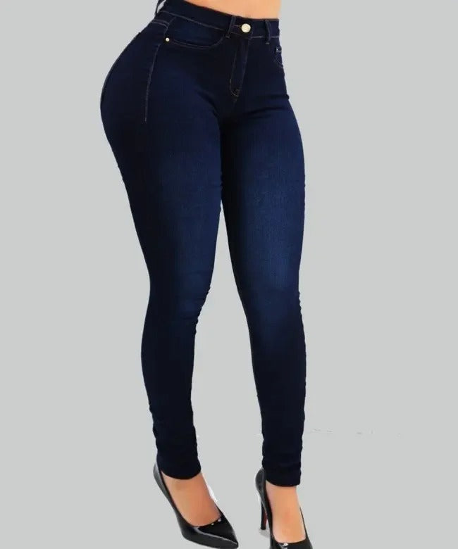 Moderne damemote: Komfortable, blå høy midje shapingjeans. Ideelle blyantbukser for hverdagsbruk.