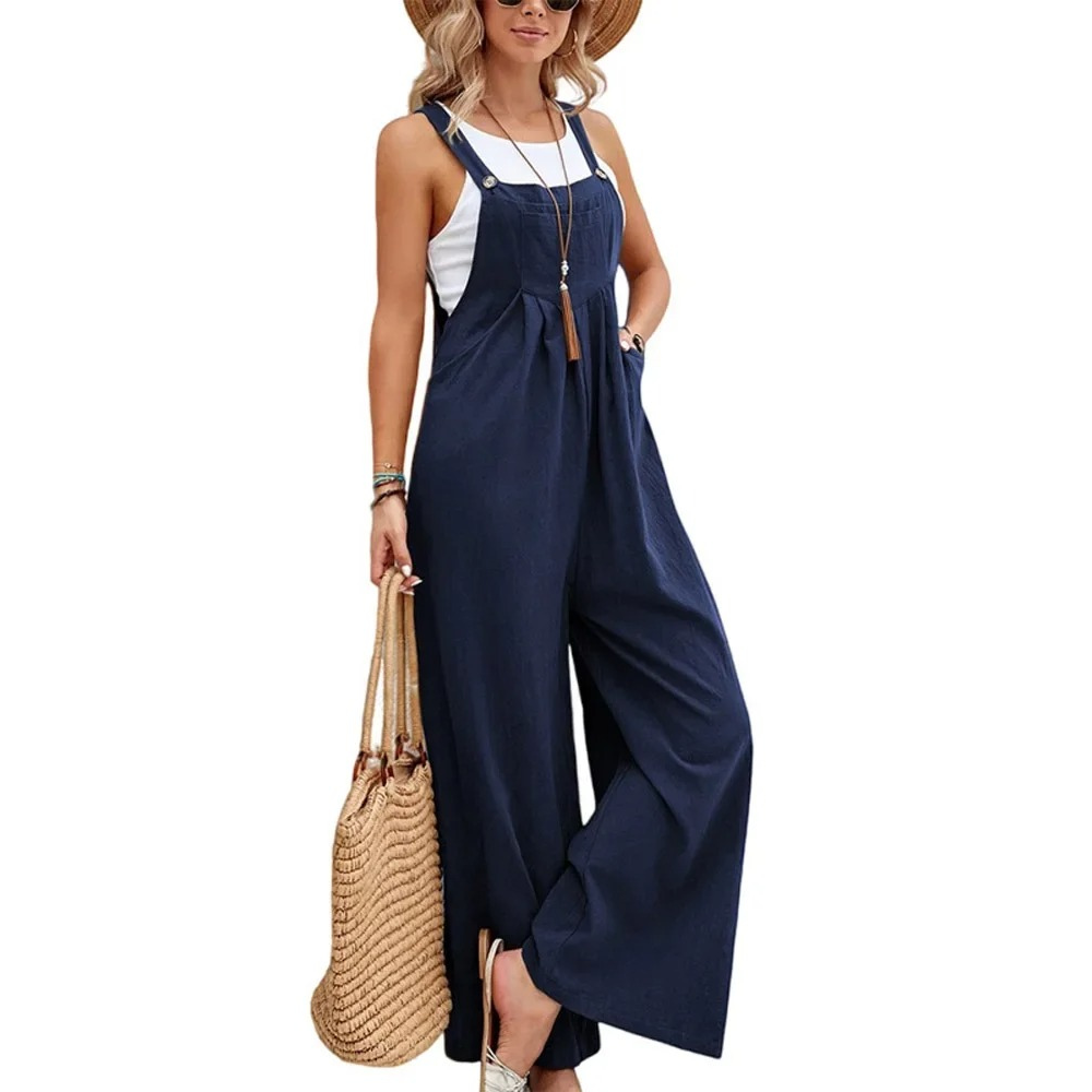 Behagelig baggy jumpsuit for kvinner med vidde ben. Perfekt casual hverdagsantrekk for sommer.