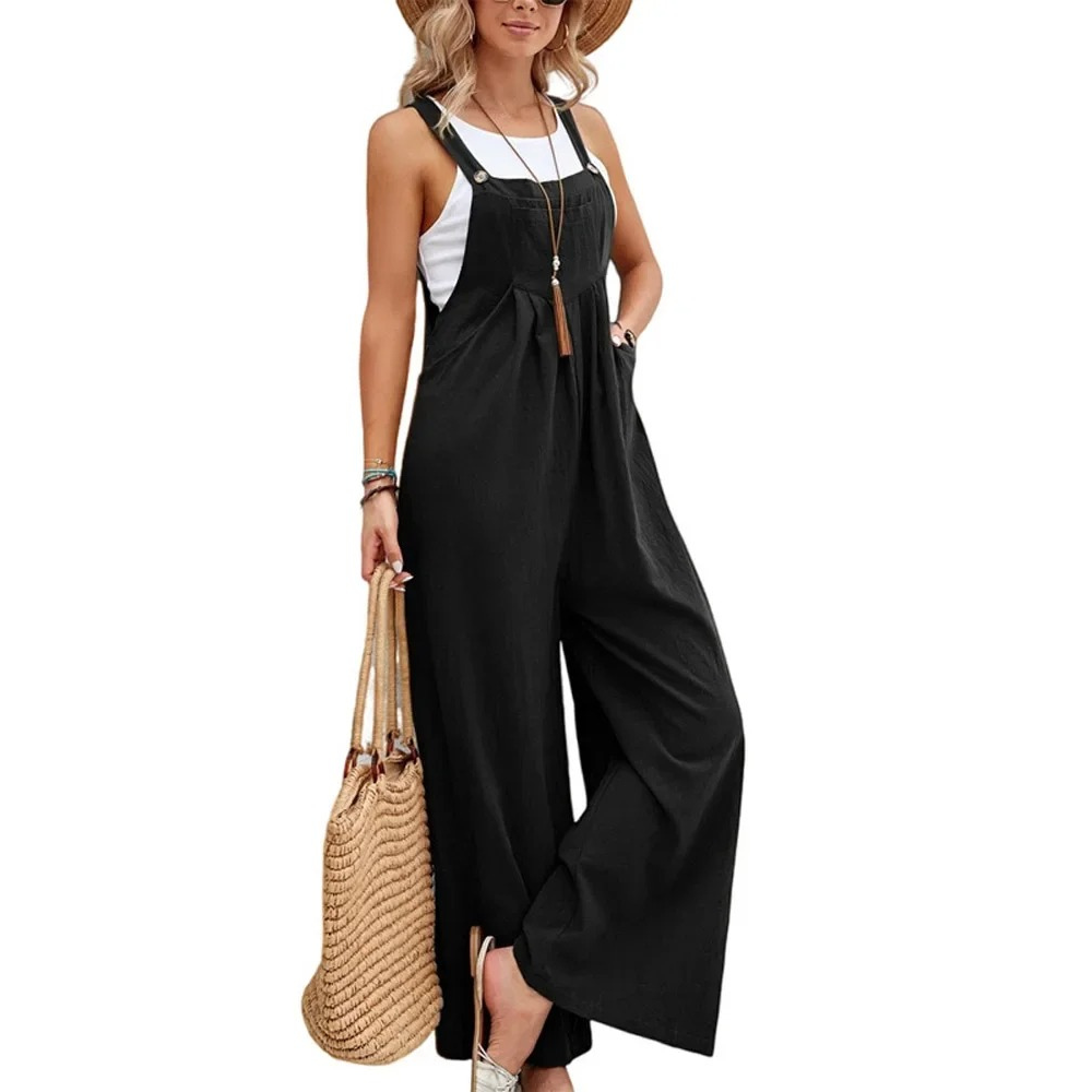 Mote kvinners bib jumpsuit med løs passform og brede ben. Ideell for avslappet sommerstil.