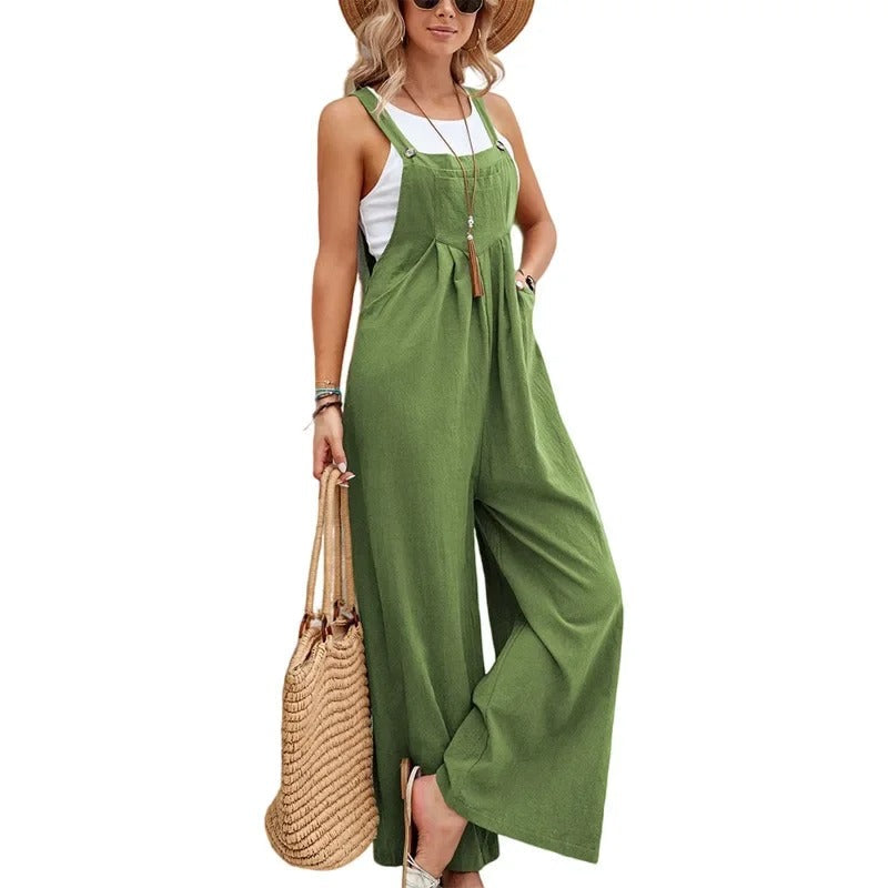 Kvinner løs sommer jumpsuit med brede ben. Myk og behagelig baggy passform for avslappede dager.