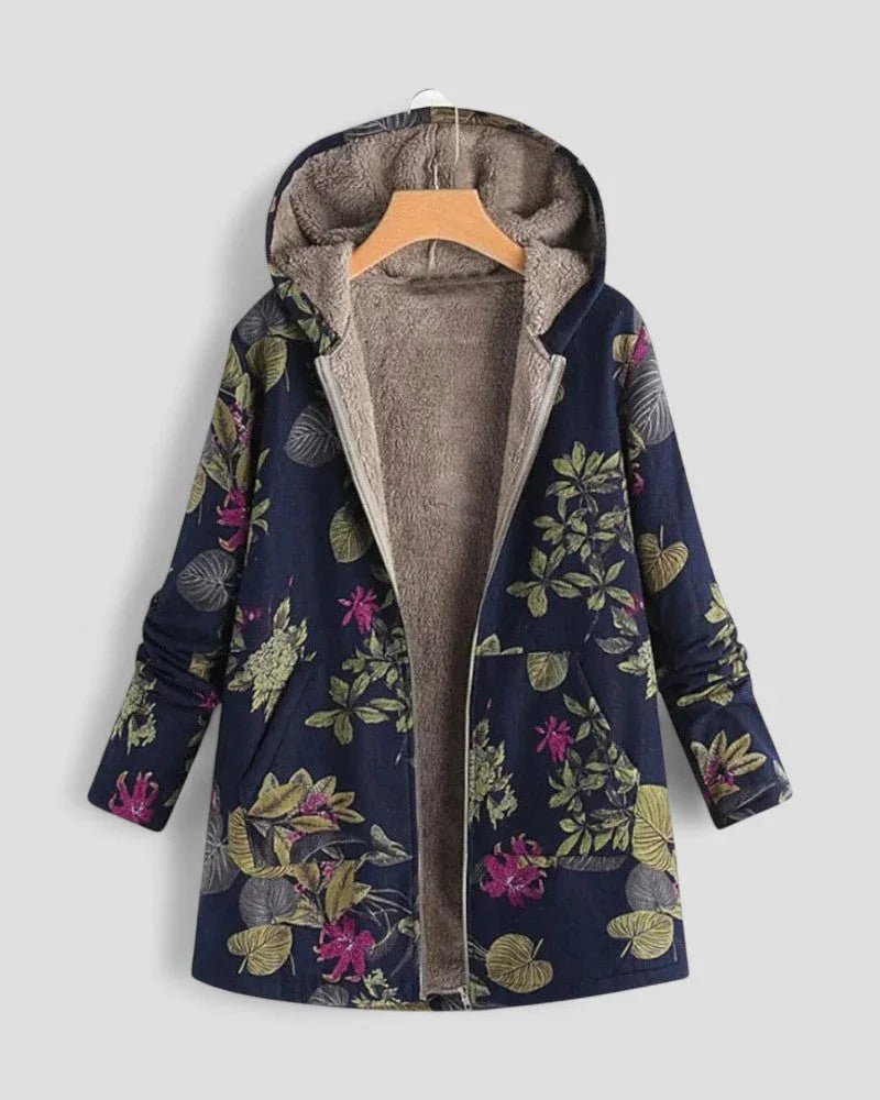 Kvinners vår-/høstjakke: Myk fleecejakke med hette, glidelås og trendy blomstermønster for en avslappet stil.