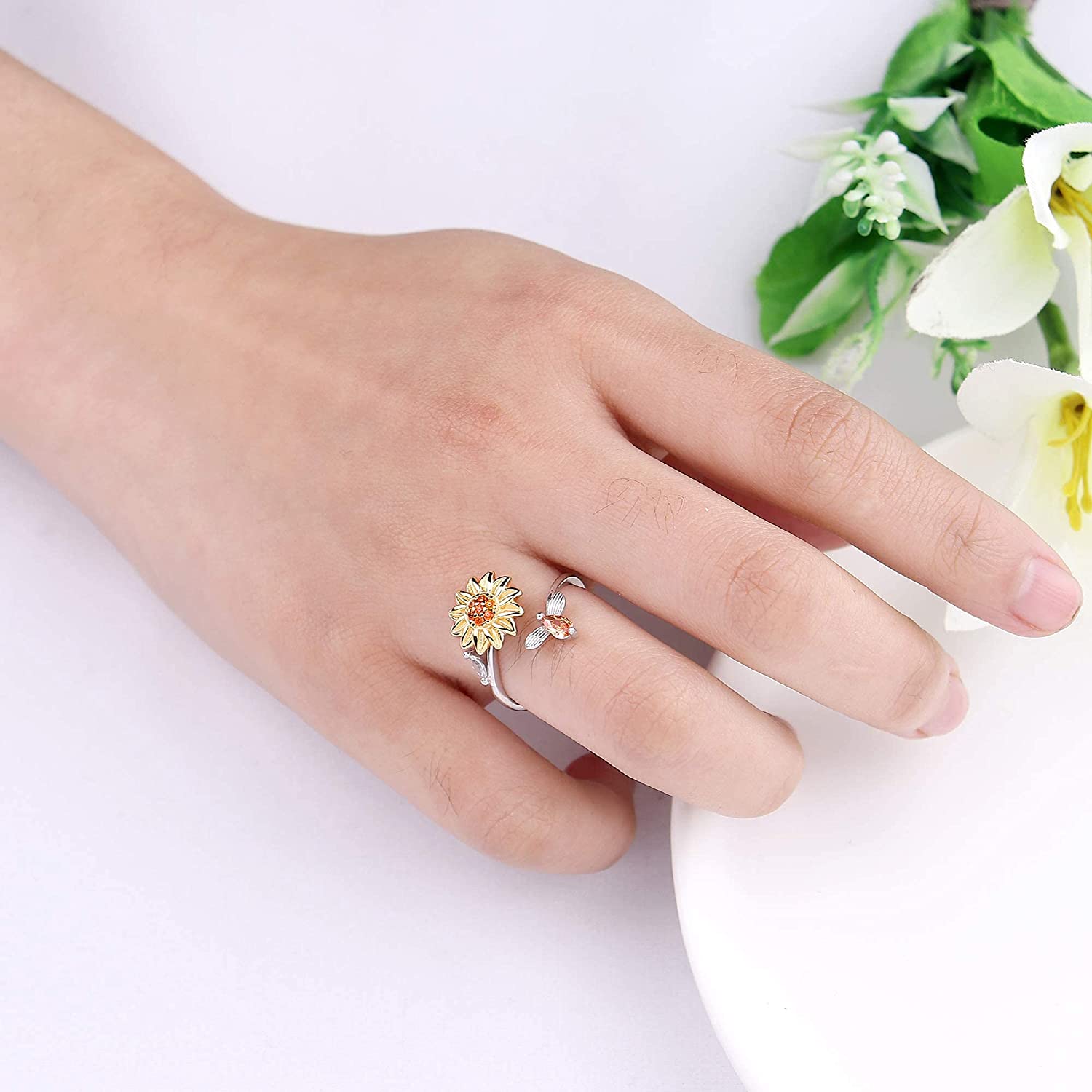 Detaljert solsikke fidget ring, antikk finish, for angstlindring smykker