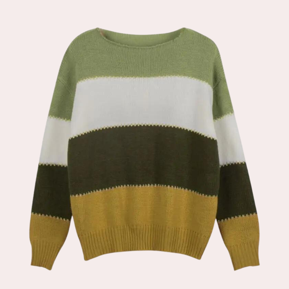 En moteriktig stripet kvinnegenser, strikket look som gir varme og stil til din garderobe.