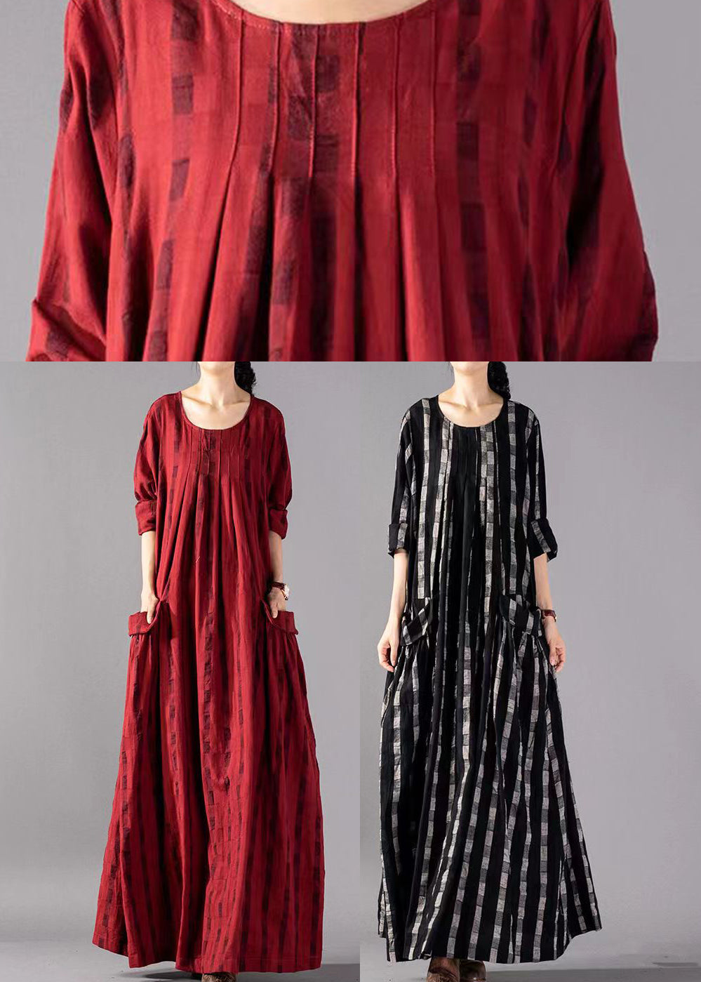 Moderne dame feriekjole med lange ermer, stilig rynket look og praktiske lommer, perfekt for reise.