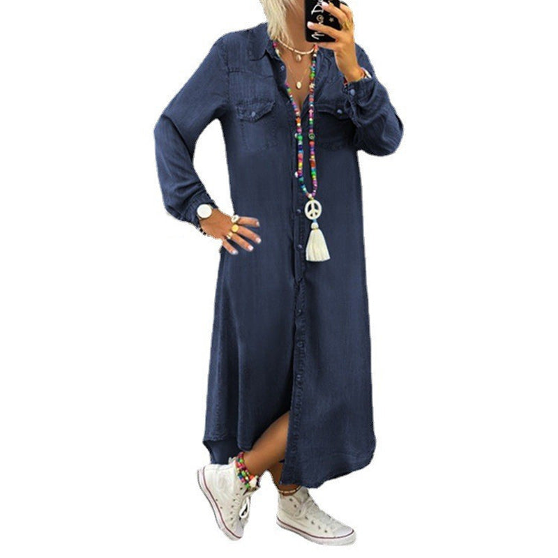 "Langermet denimkjole i A-linje for kvinner, elegant og komfortabel, front view."