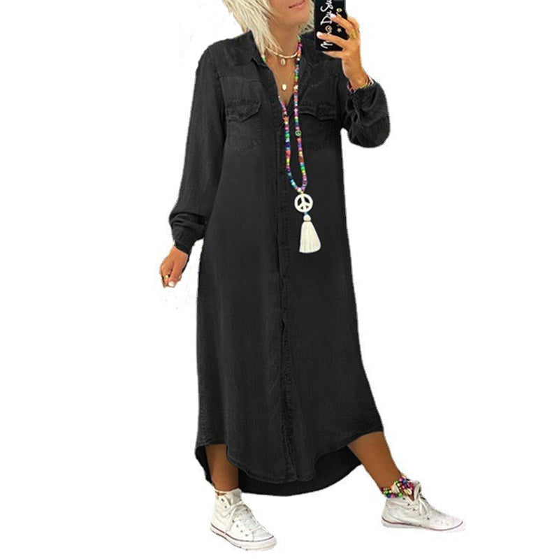 "Langermet denimkjole i A-linje for kvinner, elegant og komfortabel, front view."