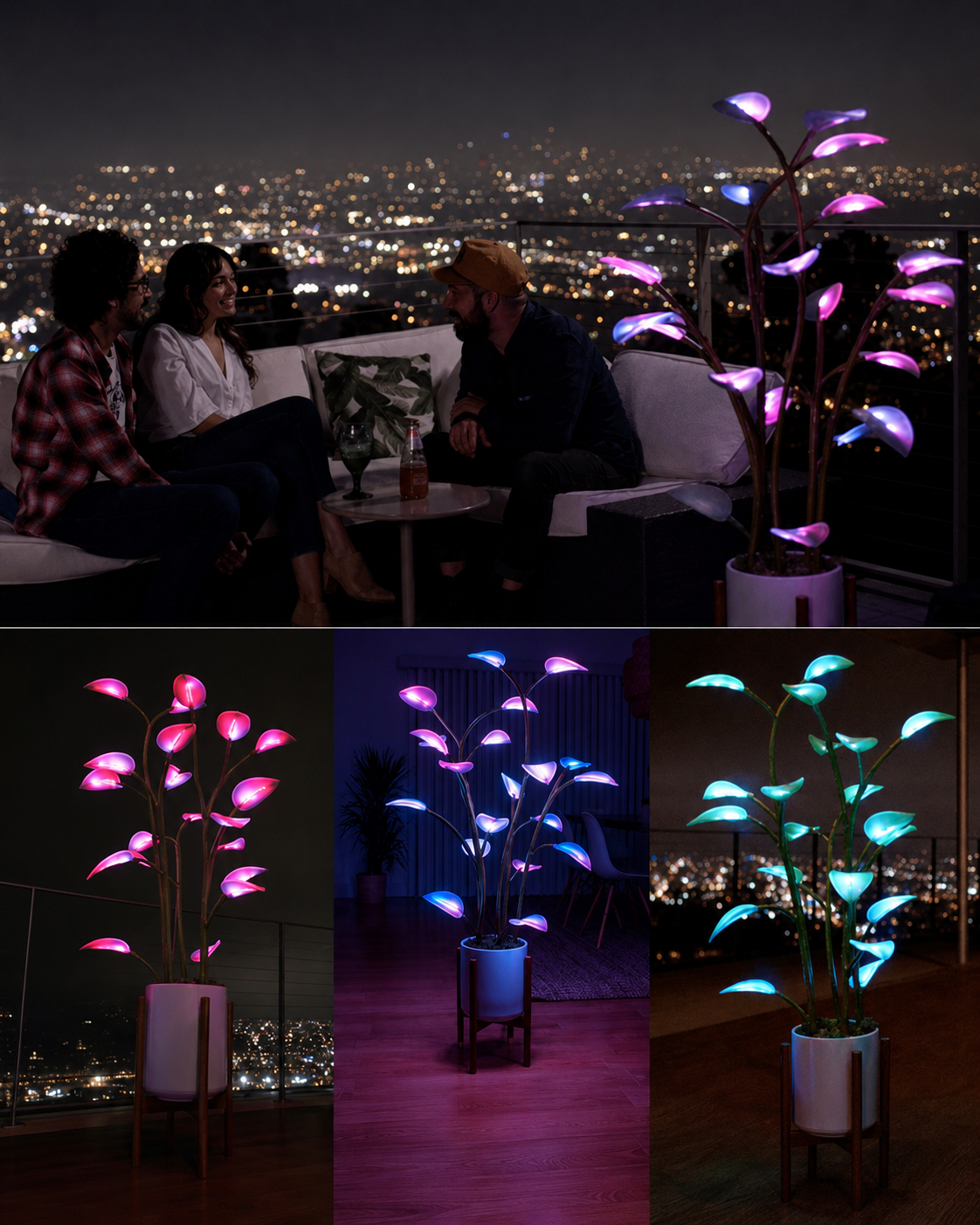 Allsidig LED plante-lampe for interiørdesign. Fargerikt dynamisk lys skaper magisk atmosfære i stuen.