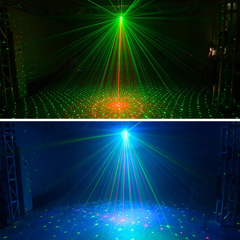 "LED scenelaserlys med fjernkontroll, røde, grønne og blå mønstre; kompakt design for innendørs og utendørs bruk."