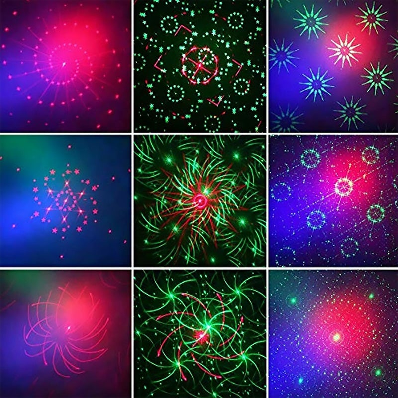 "LED scenelaserlys med fjernkontroll, røde, grønne og blå mønstre; kompakt design for innendørs og utendørs bruk."