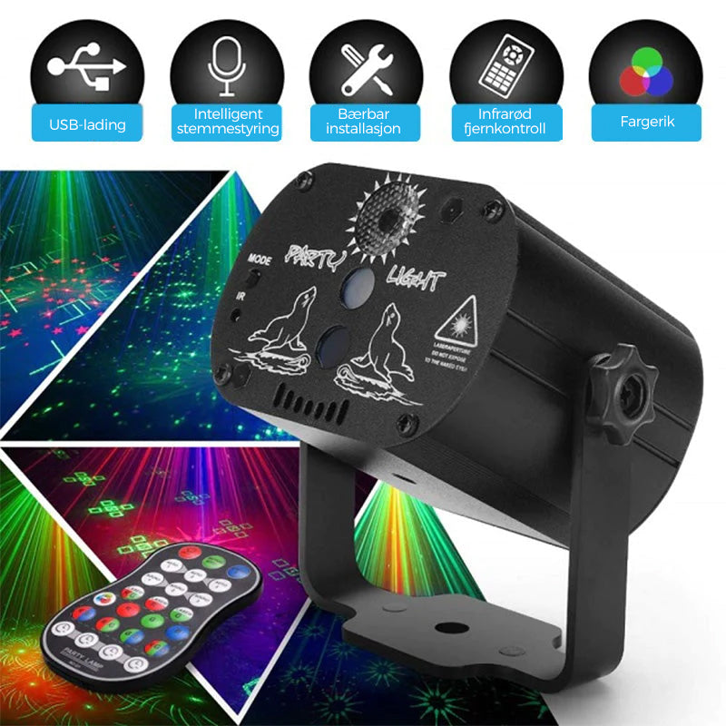"LED scenelaserlys med fjernkontroll, røde, grønne og blå mønstre; kompakt design for innendørs og utendørs bruk."
