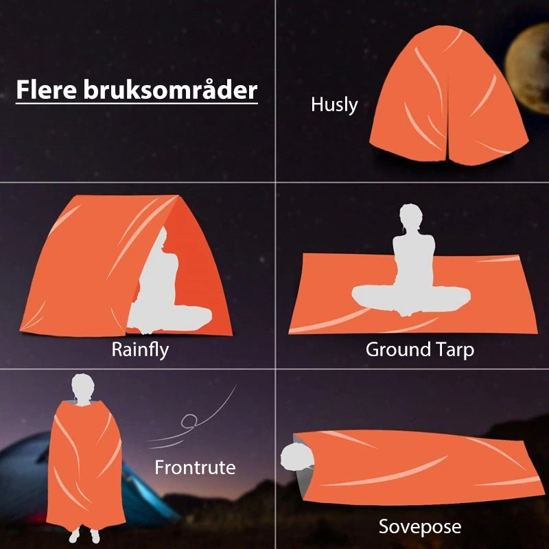 "Lett, vanntett nødsovepose i oransje Mylar som reflekterer varme, kompakt foldet for utendørs sikkerhet."