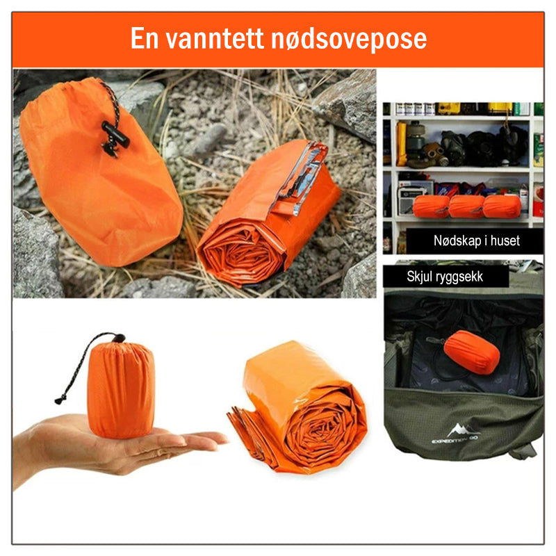 "Lett, vanntett nødsovepose i oransje Mylar som reflekterer varme, kompakt foldet for utendørs sikkerhet."