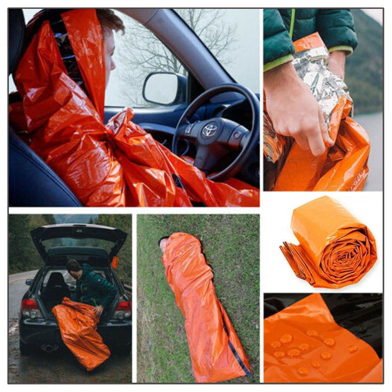 "Lett, vanntett nødsovepose i oransje Mylar som reflekterer varme, kompakt foldet for utendørs sikkerhet."