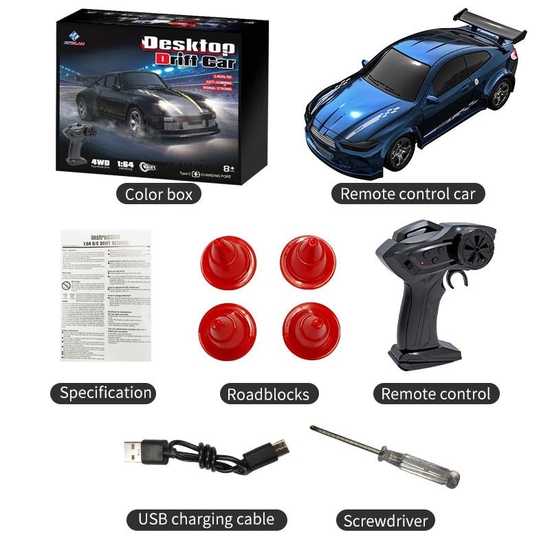 Realistisk 1:64 modell av en driftbil. Liten RC-bil med firehjulsdrift, perfekt for alle aldre.