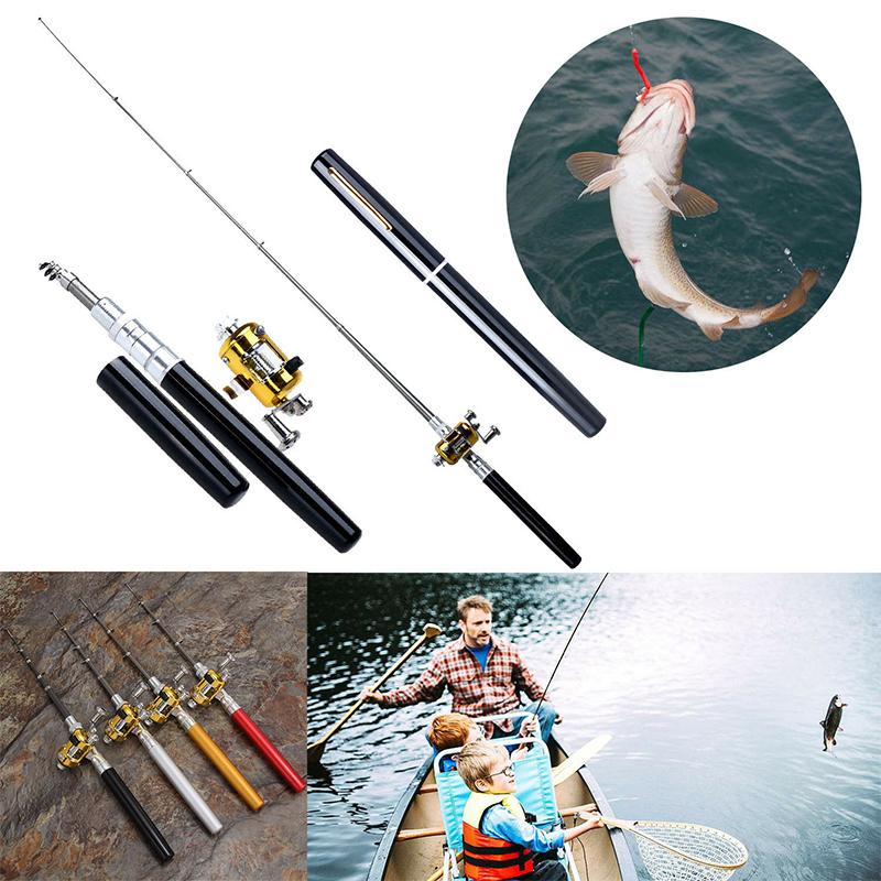 "Liten fiskestang i glassstålfiber, kompakt og bærbar, med mini-spin hjul. Perfekt for allsidig fiskeeventyr."