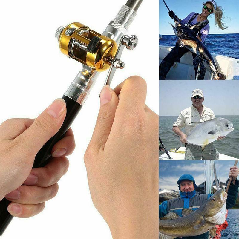 "Liten fiskestang i glassstålfiber, kompakt og bærbar, med mini-spin hjul. Perfekt for allsidig fiskeeventyr."
