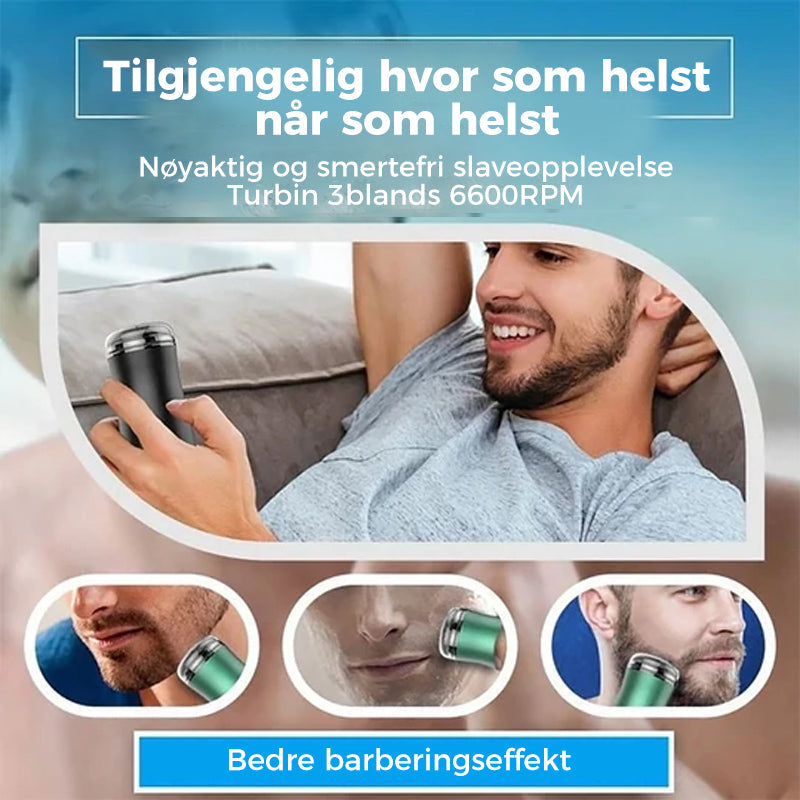 "Lommestørrelse, vanntett elektrisk barberhøvel i stilrent grønt og svart design, perfekt for reise og daglig bruk."