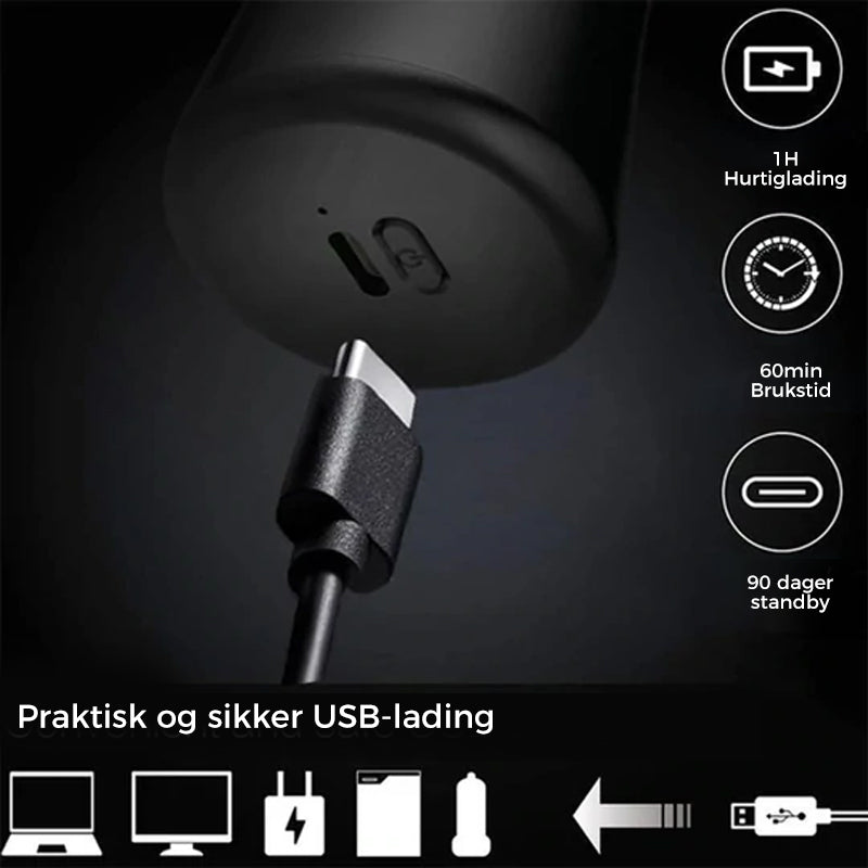"Lommestørrelse, vanntett elektrisk barberhøvel i stilrent grønt og svart design, perfekt for reise og daglig bruk."