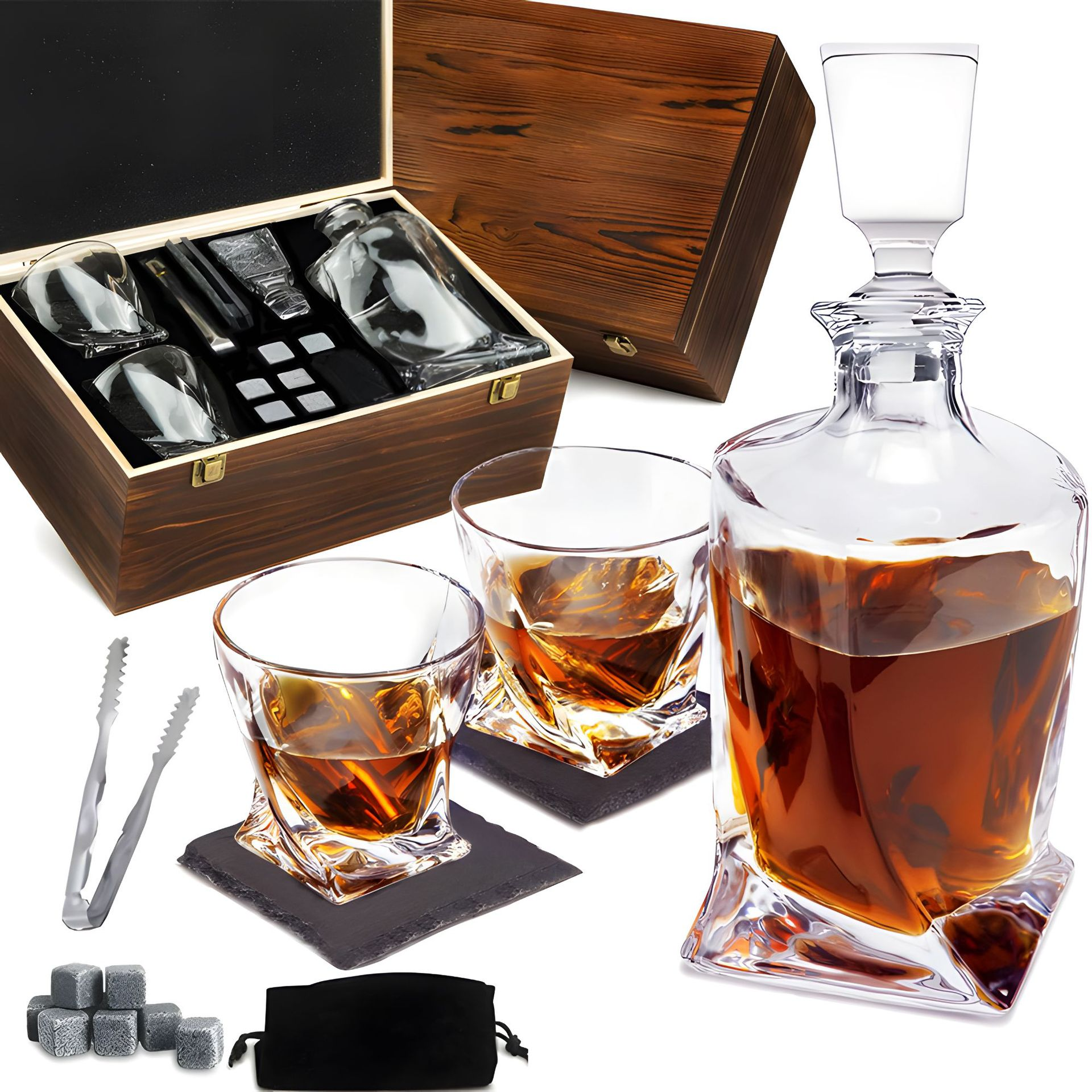 Stilfullt whiskykaraffel- og glassett, en eksklusiv gave til hjemmebaren med karaffel, 4 glass og kjølesteiner.