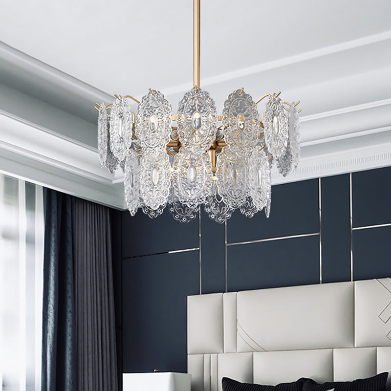 "Luksuriøs lysekrone med krystallpanel, gullfinish, 5/7 lyskilder, elegant design for stue eller spisestue."