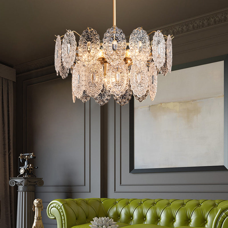 "Luksuriøs lysekrone med krystallpanel, gullfinish, 5/7 lyskilder, elegant design for stue eller spisestue."