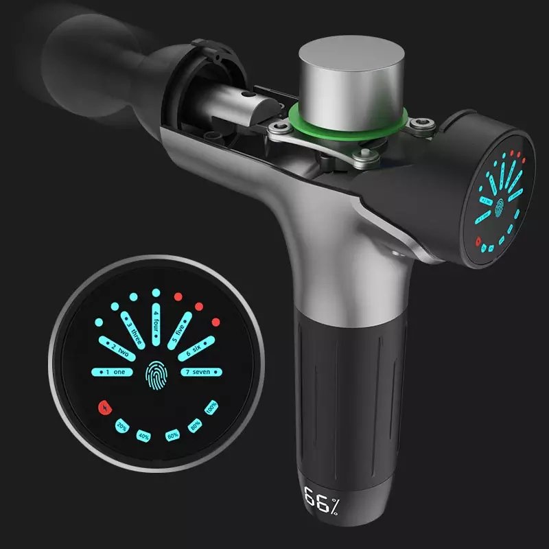 Lydløst massasjeapparat med justerbare hoder, svart kompakt design, ideelt for dyp muskelmassasje og smertelindring.