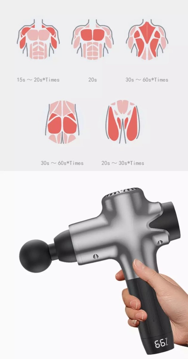 Lydløst massasjeapparat med justerbare hoder, svart kompakt design, ideelt for dyp muskelmassasje og smertelindring.