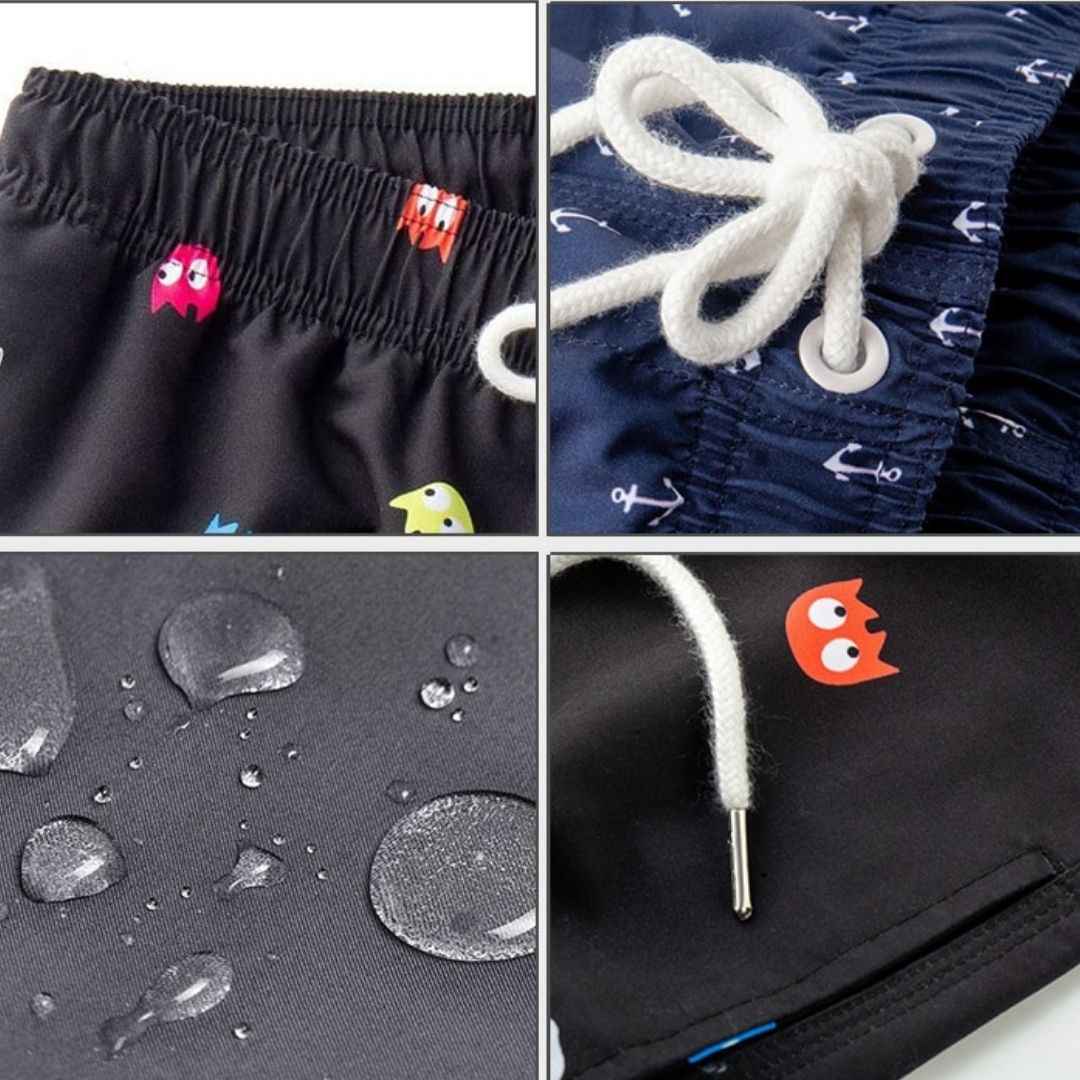 Mønstret badeshorts for menn med justerbar midje, gir komfortabel passform for svømming og soling.